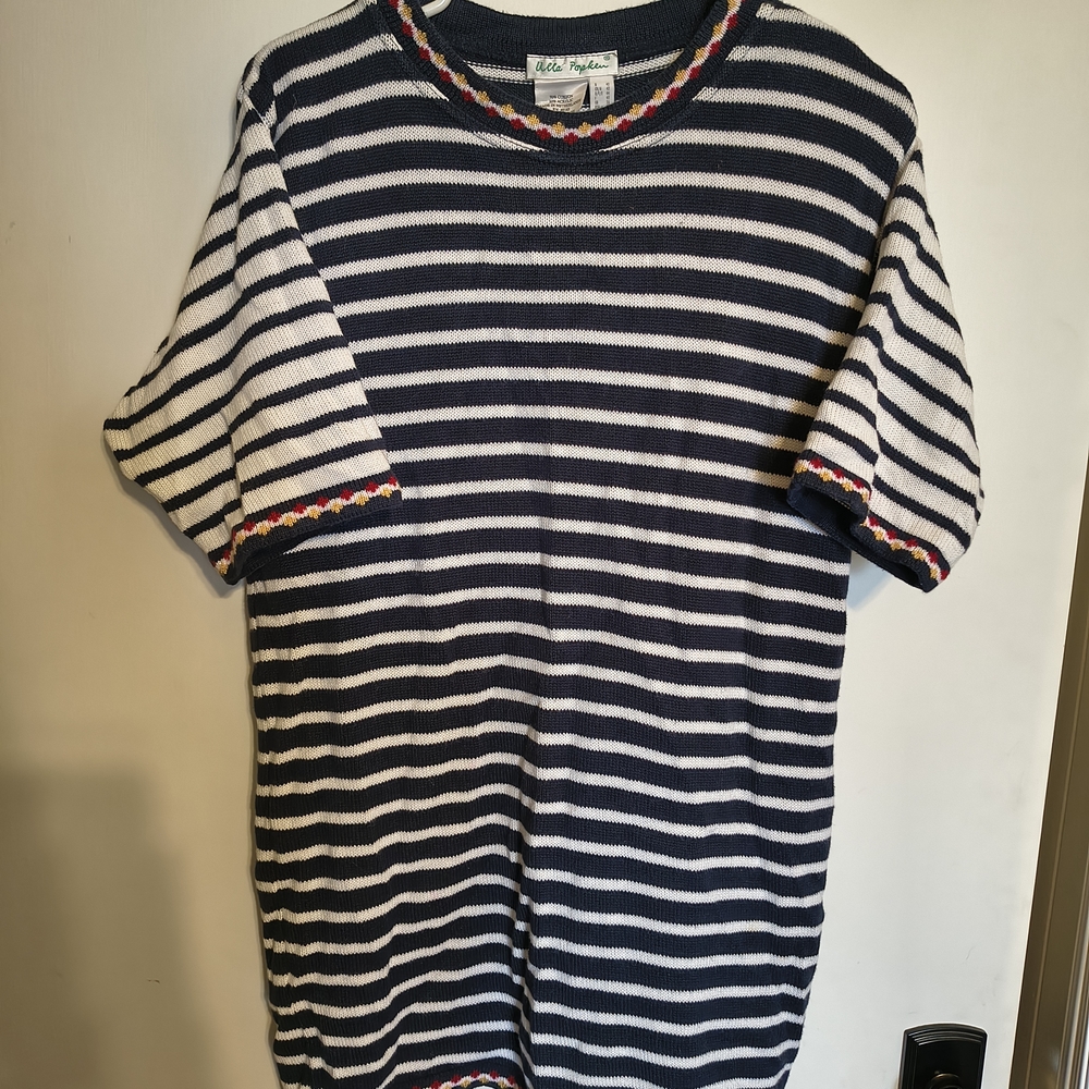 Ulla Popken Navy and White Striped Knit Tunic with Red and Yellow Accent